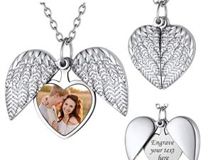 FindChic Personalized Heart Photo Angel Wings Locket Necklace Sterling Silver/Stainless Steel/18K Gold Plated Dainty Custom Full Color Picture Pendant Memorial Jewelry Gift for Girls Family + Gift Box