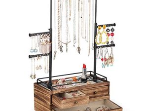 Jewelry Organizer - 2 Layer Wooden Jewelry Drawer Storage Box with 6 Tier Jewelry Tree Stand