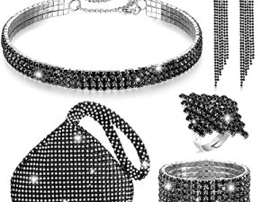 5 Pieces Women Rhinestone Crystal Jewelry Set Triangle Bling Evening Clutch Bag Glitter Rhinestone Stretch Choker Necklace Bracelet Ring Dangle Fringe Earrings for Wedding Party