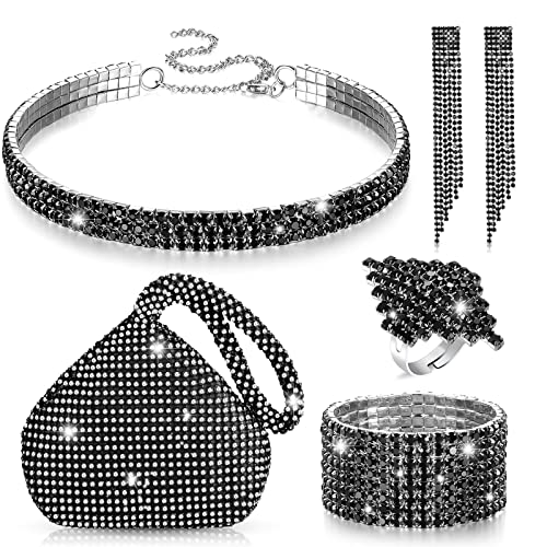 5 Pieces Women Rhinestone Crystal Jewelry Set Triangle Bling Evening Clutch Bag Glitter Rhinestone Stretch Choker Necklace Bracelet Ring Dangle Fringe Earrings for Wedding Party 5 Pieces Women Rhinestone Crystal Jewelry Set Triangle Bling Evening Clutch Bag Glitter Rhinestone Stretch Choker Necklace Bracelet Ring Dangle Fringe Earrings for Wedding Party