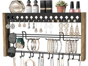 JackCubeDesign Rustic Wood Wall Mount Jewelry Organizer with Metal Hooks for Necklaces Earrings and Bracelets (Wood) : MK460A