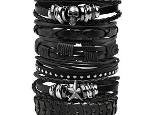 MILAKOO Women Men Leather Bracelet Black Braided Rope Bracelet Wristband Punk Jewelry Skull
