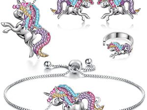 Hicarer 4 Pack Unicorn Jewelry Set Kids Jewelry for Girls Rainbow Unicorn Necklace Bracelet Earrings and Ring for Women Teen Girls Jewelry Unicorn Gifts Set