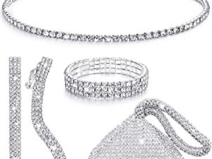 MTLEE Women Clutch Purse Rhinestone Jewelry Set 4 Pieces Rhinestone Ear Clip Bridal Wedding Choker Bracelet Dangle Ear Clip Triangle Bling Glitter Purse for Party