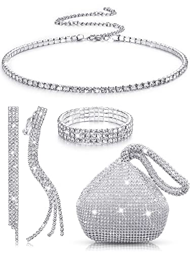 MTLEE Women Clutch Purse Rhinestone Jewelry Set 4 Pieces Rhinestone Ear Clip Bridal Wedding Choker Bracelet Dangle Ear Clip Triangle Bling Glitter Purse for Party MTLEE Women Clutch Purse Rhinestone Jewelry Set 4 Pieces Rhinestone Ear Clip Bridal Wedding Choker Bracelet Dangle Ear Clip Triangle Bling Glitter Purse for Party