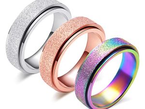 LAOYOU Spinner Ring for Women Anxiety Relief - 3Pcs 6MM Stainless Steel Sand Blast Glitter Finish Rose Gold Silver Rainbow Color Fidget Ring Band Set
