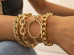JWICOS Gold Chunky Chain Bracelet for Women and Girls Charm Boho Bracelet for Teen Girls Women Flat Cable Chunky Chain Bangle with Circle Set of 4 (Gold)