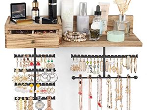 VINAEMO Jewelry Organizer Hanging Wall Mounted Jewelry Holder with Rustic Wood Drawer & Large Capacity Storage Shelf Rack Display for Earrings Rings Necklaces Bracelet