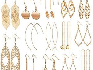 Aganippe 13/14 Pairs Gold Dangle Earrings for Women- Simple Drop Earrings Multipack-Curved Threader Dangle Earrings Set-Upside Down Hoop Earrings- Leaf Earrings