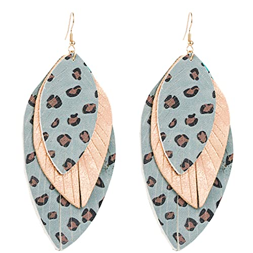 Boho Layered Leather Leaf Earrings for Women Girls Vintage Leopard Print Long Big Summer Statement Drop Dangle Hook Stud Lightweight Vintage Bohemian Beachy Jewelry (Blue) Boho Layered Leather Leaf Earrings for Women Girls Vintage Leopard Print Long Big Summer Statement Drop Dangle Hook Stud Lightweight Vintage Bohemian Beachy Jewelry (Blue)