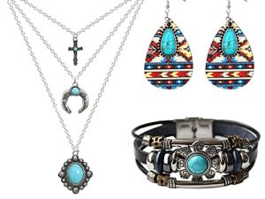 3 PCS Western Bohemian Turquoise Layered Necklace Leather Bracelet Cowgirl Cowboy Earrings Jewelry Set for Women