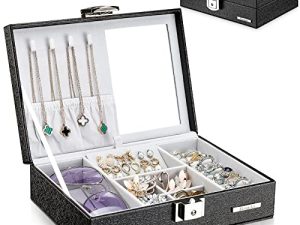 Homde Jewelry Box Organizer Gift Necklaces Storage Holder for Girls Women Rings Earrings with Mirror (Black)