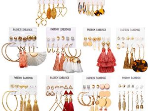 63Pairs Fashion Earrings with Tassel Earrings Layered Ball Dangle Hoop Stud Jacket Earrings for Women Girls Jewelry Fashion and Valentine Birthday Party Gift