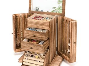 Honiway Jewelry Box for Women with 6 Compartments and Mirror Rustic Wooden Jewelry Organizer Box for Necklace Bracelet Earring Ring Birthday Gifts for Women/Mom