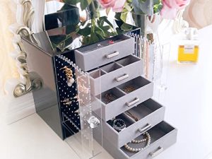 Madaory Black Acrylic Jewelry Organizer Box for Women Teen Girls with 5 Grey Velvet Drawers 2 Clear Earring Necklace Stand Holders Christmas Gift for Her(A-Black/Grey)