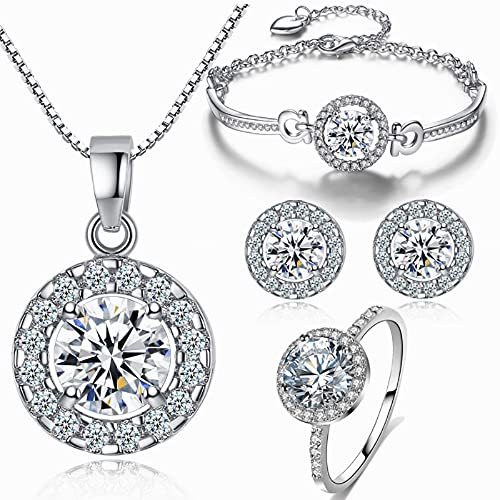 Shiny Cubic Zirconia Ring Zirconium Crystal Necklace for Women Cubic Zirconia Earrings Studs Adjustable Bracelets 18K White Gold-Plated Halo CZ Hypoallergenic Jewelry Set Pack of 4 for Wedding Mom Mother Anniversary Shiny Cubic Zirconia Ring Zirconium Crystal Necklace for Women Cubic Zirconia Earrings Studs Adjustable Bracelets 18K White Gold-Plated Halo CZ Hypoallergenic Jewelry Set Pack of 4 for Wedding Mom Mother Anniversary