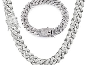 GIHENHAO Mens Cuban Link Chain Silver Miami Cuban Necklace Bracelet Bling Diamond Chain for Mens Women 13MM Hip Hop Jewelry