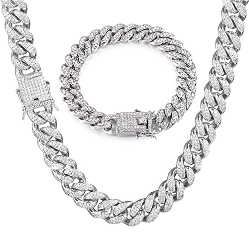 GIHENHAO Mens Cuban Link Chain Silver Miami Cuban Necklace Bracelet Bling Diamond Chain for Mens Women 13MM Hip Hop Jewelry GIHENHAO Mens Cuban Link Chain Silver Miami Cuban Necklace Bracelet Bling Diamond Chain for Mens Women 13MM Hip Hop Jewelry