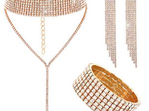 3 Pieces Women Rhinestone Jewelry Set Rhinestone Tassel Choker Necklace Fringe Bracelet Crystal Dangling Earring for Wedding Bridal Party