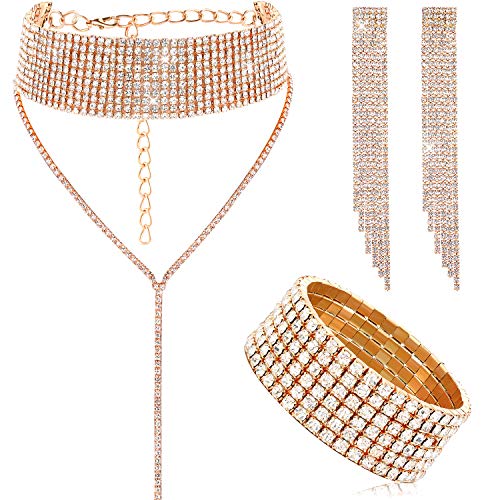 3 Pieces Women Rhinestone Jewelry Set Rhinestone Tassel Choker Necklace Fringe Bracelet Crystal Dangling Earring for Wedding Bridal Party 3 Pieces Women Rhinestone Jewelry Set Rhinestone Tassel Choker Necklace Fringe Bracelet Crystal Dangling Earring for Wedding Bridal Party