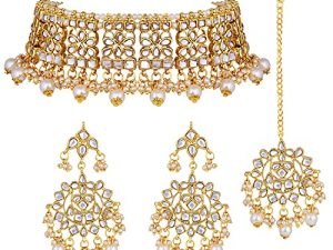 Aheli Elegant Indian Faux Kundan Studded Choker Necklace with Maang Tikka Earrings Set Ethnic Wedding Festive Wear Fashion Jewelry Gift For Women & Girls