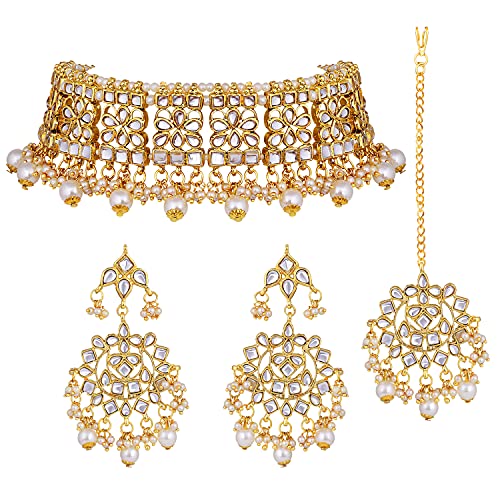 Aheli Elegant Indian Faux Kundan Studded Choker Necklace with Maang Tikka Earrings Set Ethnic Wedding Festive Wear Fashion Jewelry Gift For Women & Girls Aheli Elegant Indian Faux Kundan Studded Choker Necklace with Maang Tikka Earrings Set Ethnic Wedding Festive Wear Fashion Jewelry Gift For Women & Girls