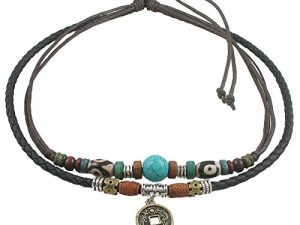 Ancient Tribe Unisex Adjustable Necklace Choker Turquoise Bead (Black & Brown)