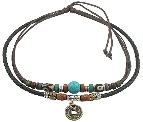 Ancient Tribe Unisex Adjustable Necklace Choker Turquoise Bead (Black & Brown) Ancient Tribe Unisex Adjustable Necklace Choker Turquoise Bead (Black & Brown)