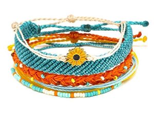 SUNSH 5PCS Boho Woven Sunflower Bracelets for Women Teens Girls Boy Couple Handmade Wrap Rope Charm Beach Surf Braided Adjustable Strings Boyfriend Girlfriend Mother Daughter Friendship Gifts