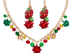 Sibba Christmas Necklace Earring Sets Xmas Jingle Bell Necklaces Earrings Bow Pendant Necklace Earring Festival Present for Women Girls