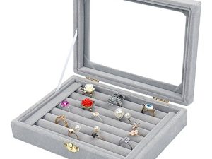 Velvet Glass Jewelry Ring Display Stand Storage Box Ring Earrings Jewelry Box Ring Holder Case (Grey)