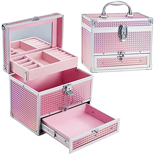 Hododou Jewelry Box for Girls Kids Organizer with Drawer & Tray Portable Travel Lockable with Mirror Handle Hair Accessories Storage Box - Shiny Pink Hododou Jewelry Box for Girls Kids Organizer with Drawer & Tray Portable Travel Lockable with Mirror Handle Hair Accessories Storage Box - Shiny Pink