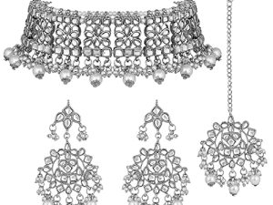 Aheli Elegant Indian Faux Kundan Studded Choker Necklace with Earrings Maang Tikka Set Traditional Ethnic Wedding Wear Fashion Jewelry Gift for Women Girls