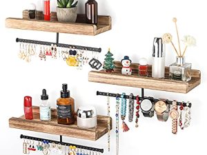 Miratino Jewelry Organizer Hanging Jewelry Holder Rustic Wood Wall Mounted Jewelry Storage for Necklaces Bracelets Earrings Rings Display Set of 3 Carbonized Black