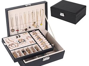 Jewelry Box for Women: Leather with Lock 2 Layer Portable Jewelry Organizer and Box Storage Case Necklaces Bracelets Rings Earring Holder Black