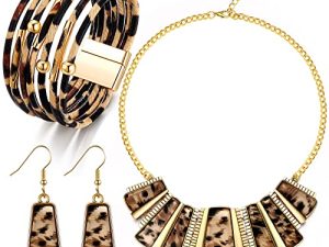 3 Pieces Leopard Necklace Earrings Bracelets Jewelry Set Women Bohemia Leopard Print Bib Chain Necklace Bracelet Print Jewelry Multi Layer PU Leather Wrist Cuff Wrap Bracelet Leopard Gift Accessories