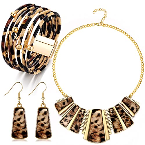 3 Pieces Leopard Necklace Earrings Bracelets Jewelry Set Women Bohemia Leopard Print Bib Chain Necklace Bracelet Print Jewelry Multi Layer PU Leather Wrist Cuff Wrap Bracelet Leopard Gift Accessories 3 Pieces Leopard Necklace Earrings Bracelets Jewelry Set Women Bohemia Leopard Print Bib Chain Necklace Bracelet Print Jewelry Multi Layer PU Leather Wrist Cuff Wrap Bracelet Leopard Gift Accessories
