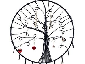MyGift Wall Hanging Round Metal Tree Silhouette Design Jewelry Holder