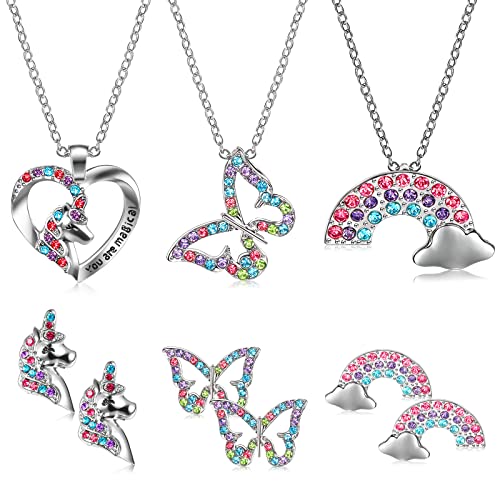 Girls Jewelry Set Including 3 Sets of Unicorn Butterfly Rainbow Necklaces and Stud Earrings Birthday Party Present for Women Sponge Filled Cardboard Jewelry Box with Lid Girls Jewelry Set Including 3 Sets of Unicorn Butterfly Rainbow Necklaces and Stud Earrings Birthday Party Present for Women Sponge Filled Cardboard Jewelry Box with Lid