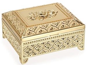 Hipiwe Vintage Metal Jewelry Box Trinket Storage Box Rectangle Treasure Chest Case Earring Ring Necklace Bracelet Organizer Decorative Keepsake Box Birthday Gift for Women Girls
