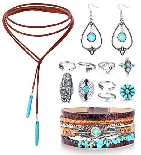 Sanfenly Bohemian Turquoise Jewelry Pendant Suede Long Choker Necklace Vintage Turquoise Statement Dangle Earrings Boho Leather Cuff Bracelet with Stackable Knuckle Rings Set for Women Sanfenly Bohemian Turquoise Jewelry Pendant Suede Long Choker Necklace Vintage Turquoise Statement Dangle Earrings Boho Leather Cuff Bracelet with Stackable Knuckle Rings Set for Women