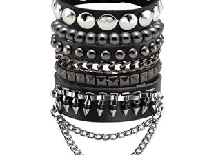 Eigso 4Pcs Black Leather Bracelet for Men Women Adjustable Hematite Punk Spike Metal Cuff Bangle