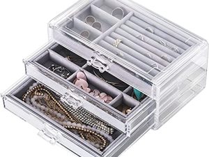 Cq acrylic Earring Jewelry Organizer with 3 Drawers Clear Acrylic Jewelry Box for Women