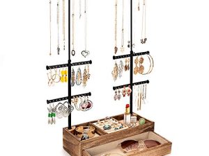 Emfogo Jewelry Organizer Stand Wood Basic Jewelry Drawer Storage Box with Double Rods & 6 Tier Jewelry Tree Stand Holder for Necklaces Bracelet Earring Ring Display(Carbonized Black)