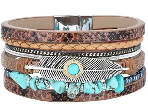 AZORA Turquoise Stone Leather Wrap Bracelet Feather Cuff Bracelets Bohemian Woven Bracelet for Women Girls Gift