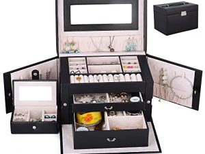 Kendal Jewelry Box with lock for Women - Ring Holder Lockable Jewellery Storage Boxes Organizer for Teen Girl Valet Earring Necklace Bracelet Watches