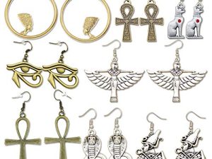 RechicGu 8 Pairs Women Girls Egyptian Ancient Costume Dangle Set Earrings Cross Snake Hoop Studs Drop Vintage Jewelry Accessory Statement