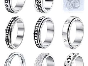 MUCAL Fidget Rings for Anxiety 8pcs Stainless Steel Spinner Ring Anti Anxiety Ring Spinning Moon Star Cool Stress Relieveing Rings for Women Men
