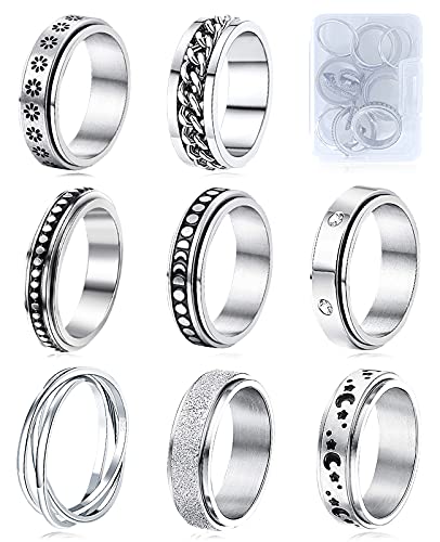 MUCAL Fidget Rings for Anxiety 8pcs Stainless Steel Spinner Ring Anti Anxiety Ring Spinning Moon Star Cool Stress Relieveing Rings for Women Men MUCAL Fidget Rings for Anxiety 8pcs Stainless Steel Spinner Ring Anti Anxiety Ring Spinning Moon Star Cool Stress Relieveing Rings for Women Men
