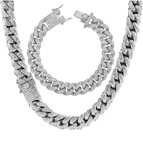 Men's 12MM 14MM 20MM Chains 18K Gold Plated CZ Fully Iced-Out Miami Cuban Necklace Bracelet Set Men's 12MM 14MM 20MM Chains 18K Gold Plated CZ Fully Iced-Out Miami Cuban Necklace Bracelet Set